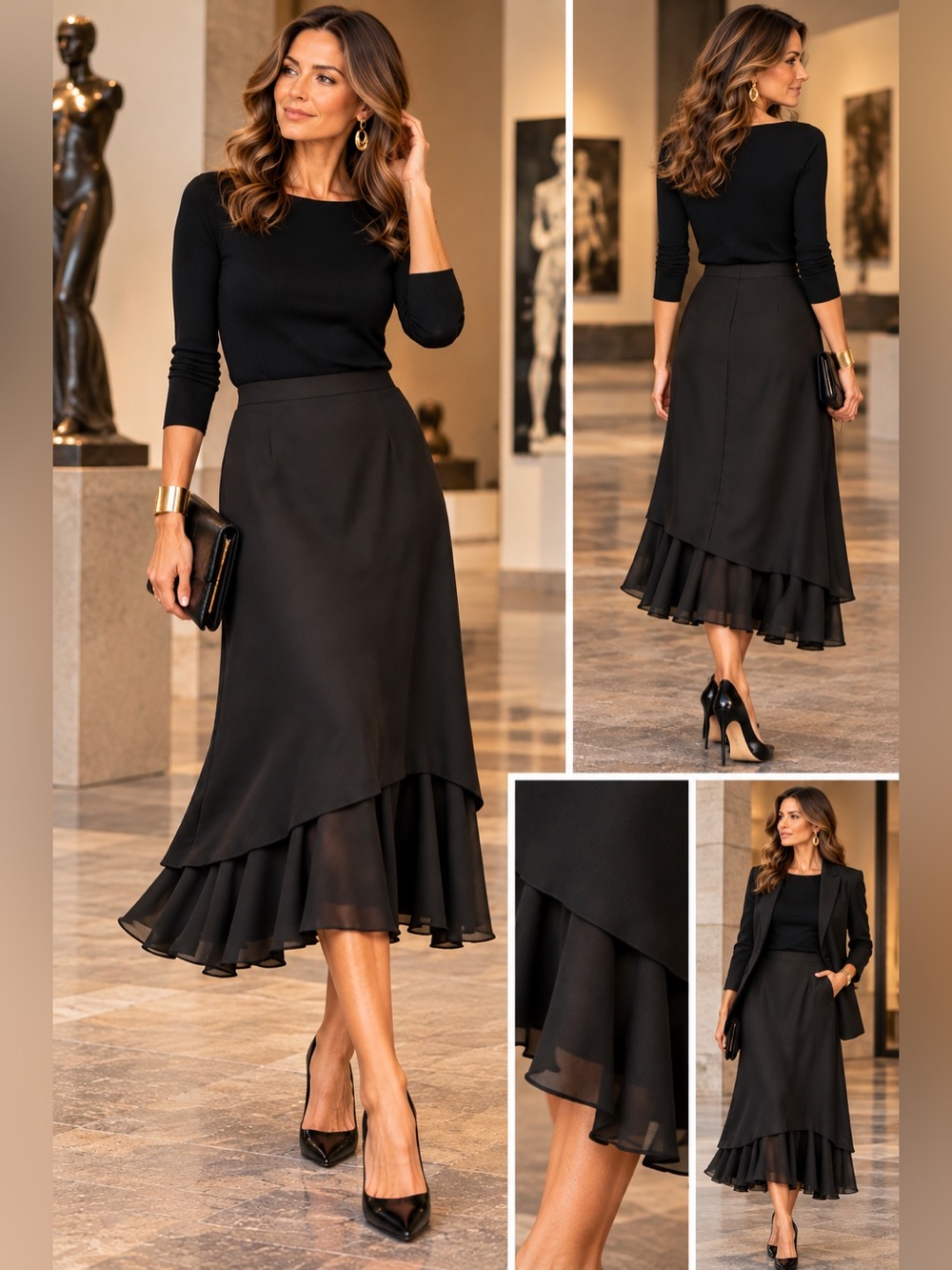 Report Collection Black High-Low Ruffle Midi Skirt Made in Canada 🇨🇦